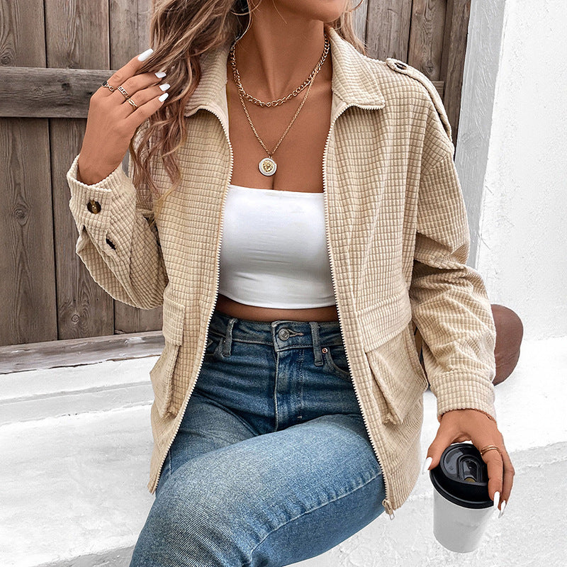 Women Lightweight Waffle-Structure Zip Jacket with Shirt Collar, Shoulder Patches & Flap Pockets Mune Fashion