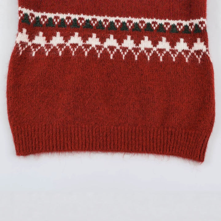 Women's Norwegian Pattern Knit Sweater with Half Zipper and Stand-up Collar Mune Fashion