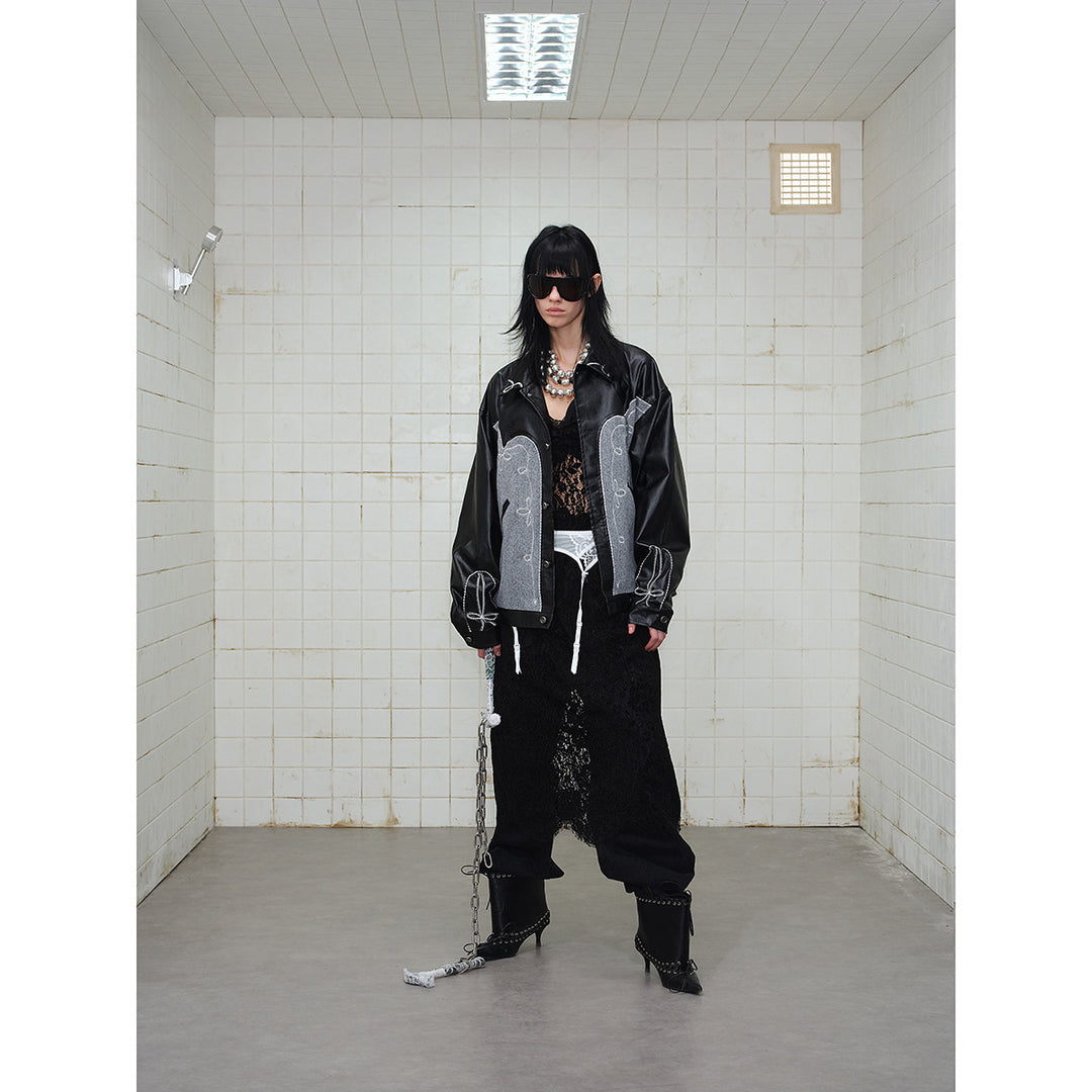 Unisex Boxy Blouson made of faux leather and wool blend with Western embroidery Mune Fashion