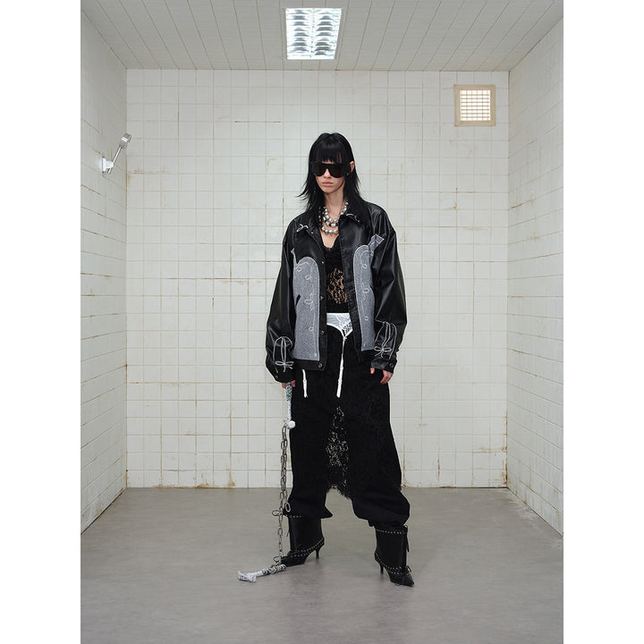 Unisex Boxy Blouson made of faux leather and wool blend with Western embroidery Mune Fashion