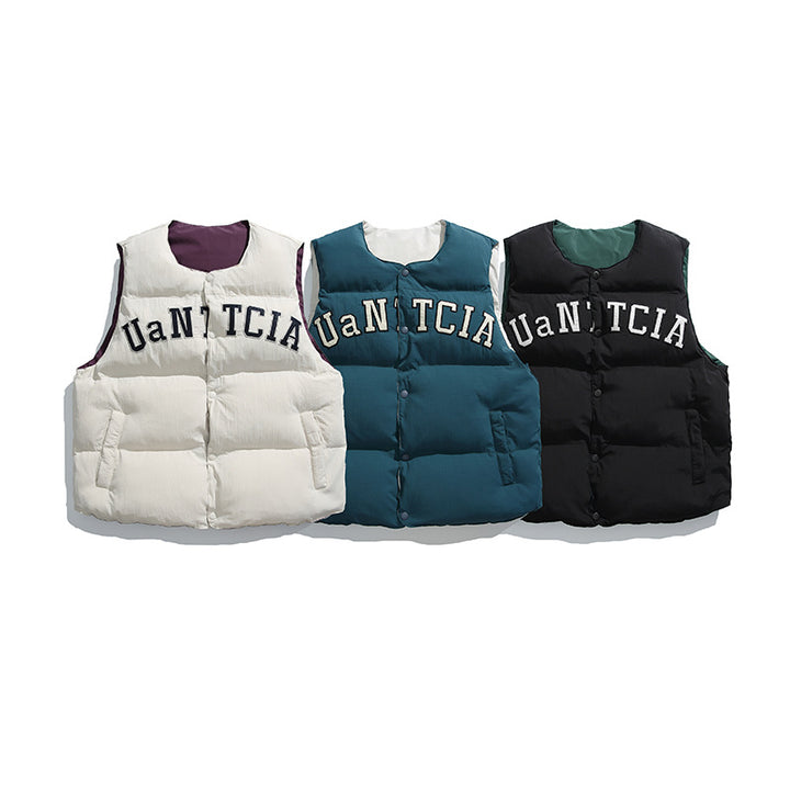 Unisex Padded Quilted Vest in Boxy Cut with Snap Button Closure and College Logo Print Mune Fashion