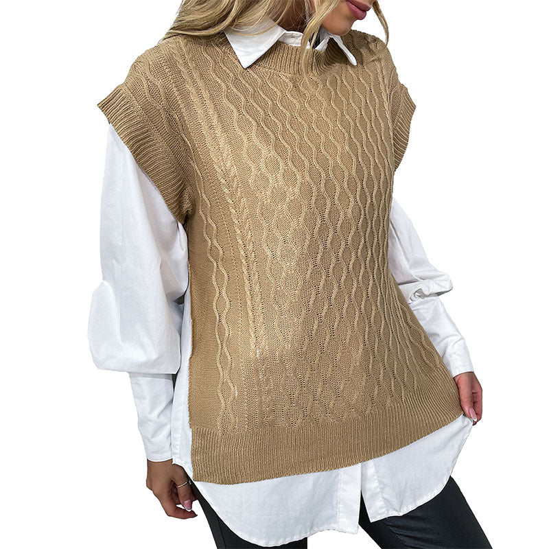 Women's Oversize Knit Vest with Cable Pattern and Round Neckline Mune Fashion
