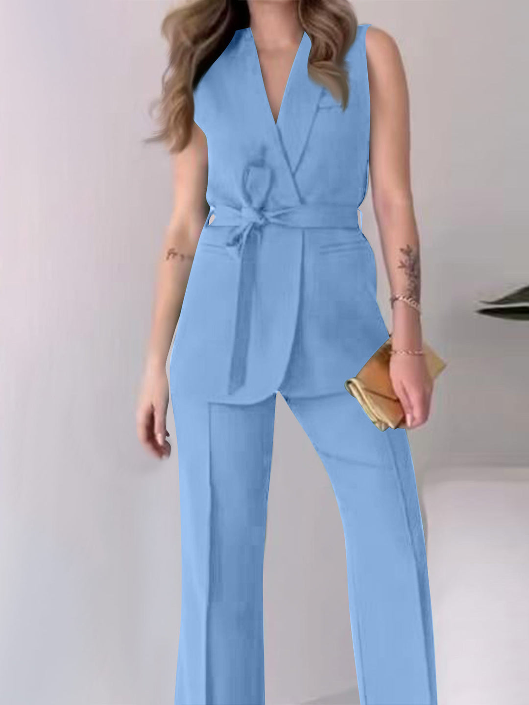 Women's Sleeveless Blazer Set with Tailored Tie Belt and High-Waist Flared Pants Mune Fashion