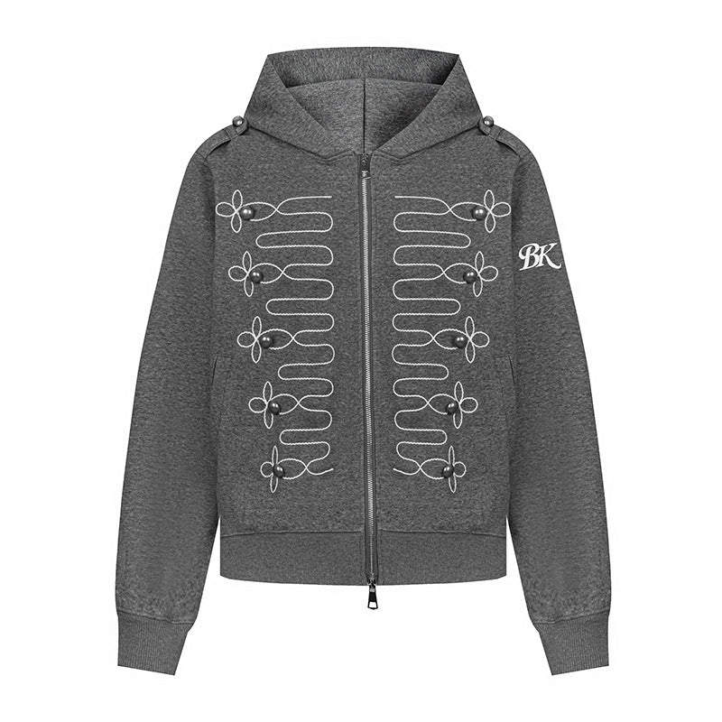 Women's hooded sweatshirt jacket with decorative frogging embroidery and pearl buttons Mune Fashion