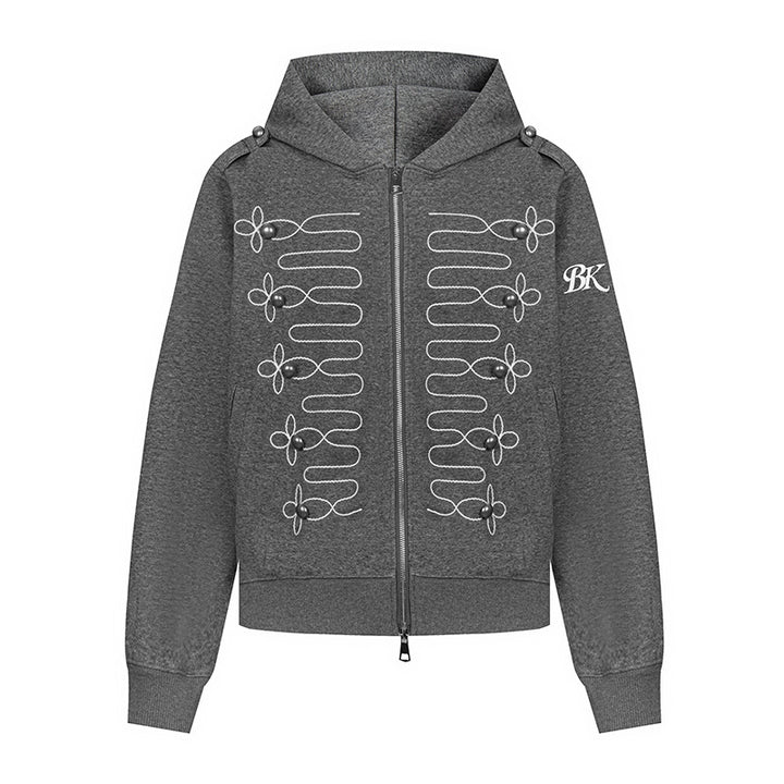 Women's hooded sweatshirt jacket with decorative frogging embroidery and pearl buttons Mune Fashion