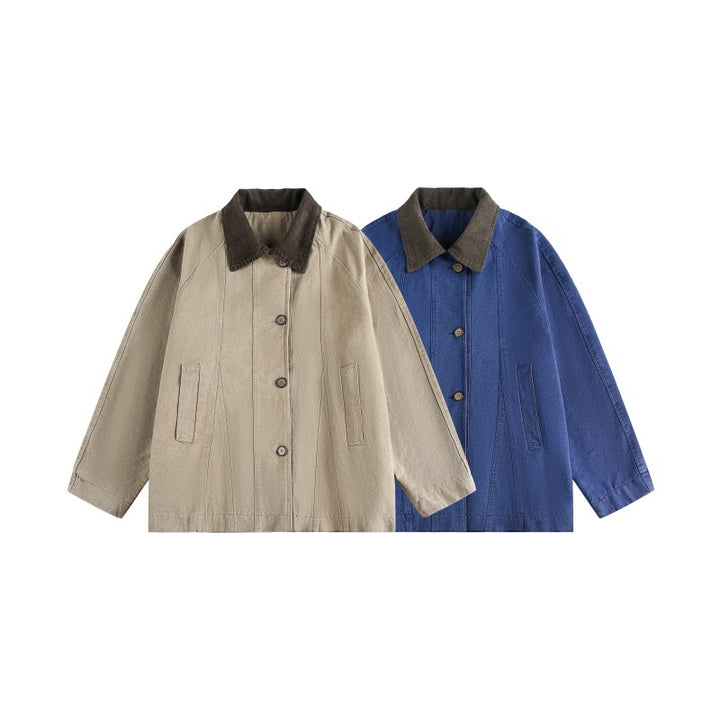 Unisex Short Cut Boxy Denim Jacket with Cord Collar and Tonal Decorative Stitches Mune Fashion