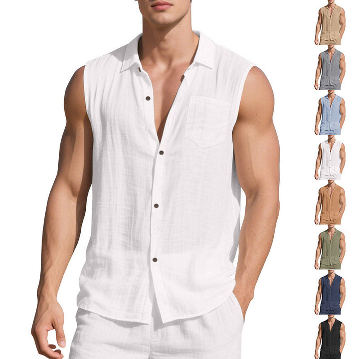 Men's sleeveless linen shirt with lapel collar, chest pocket and continuous button placket Mune Fashion