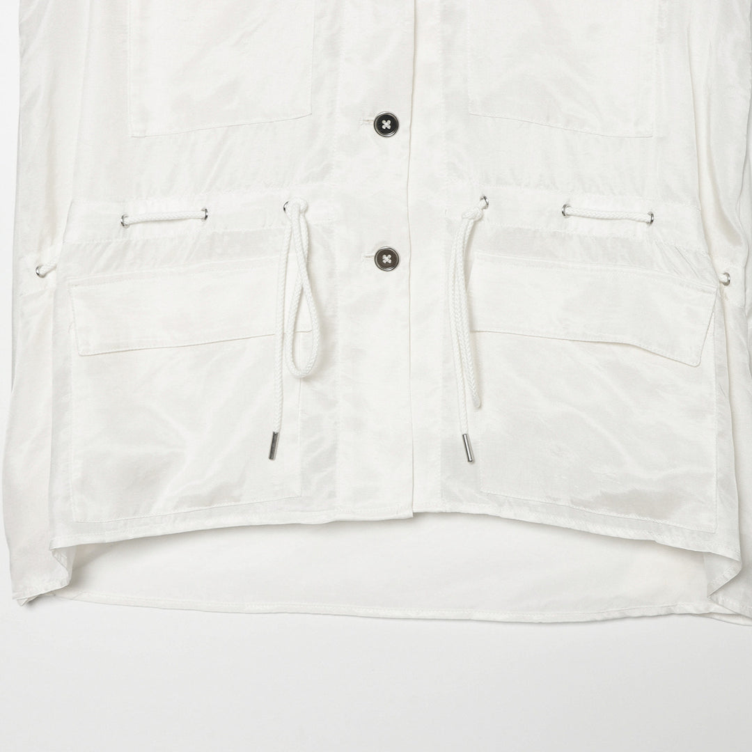 Women's utility vest with stand-up collar, button placket, drawstring, and patch pockets Mune Fashion