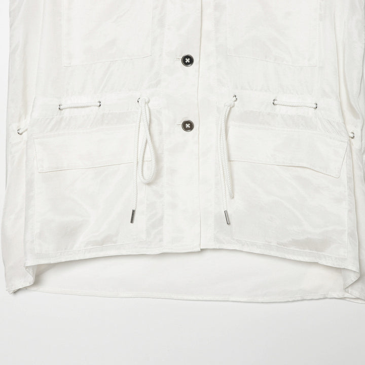 Women's utility vest with stand-up collar, button placket, drawstring, and patch pockets Mune Fashion