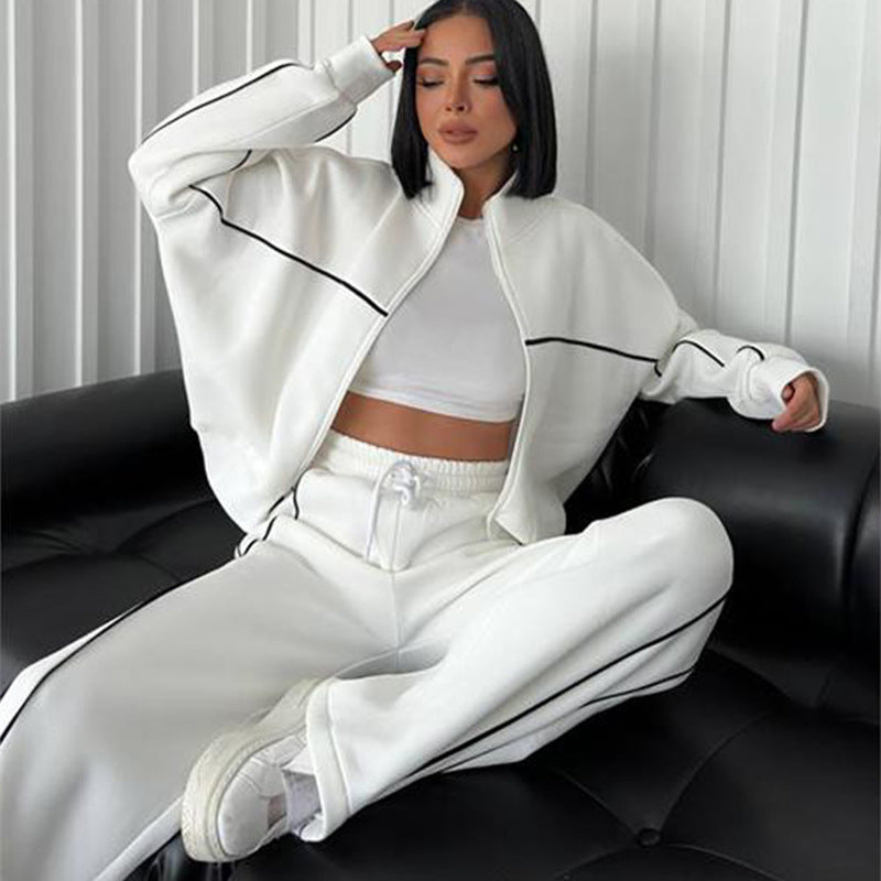 Women's nan Oversized Tracksuit Set with Zipper High Collar and Contrast Piping Mune Fashion