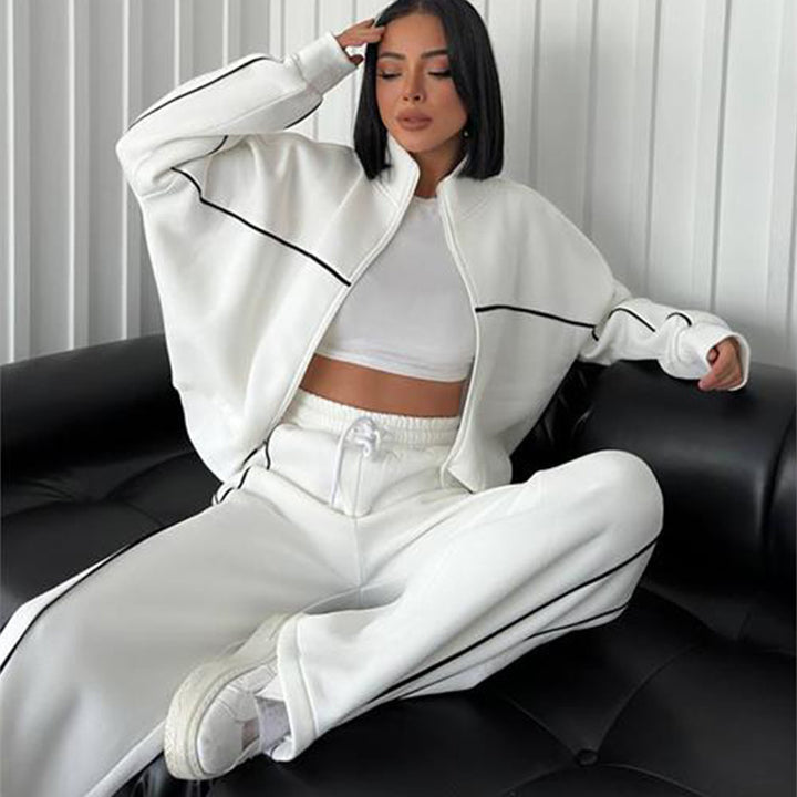Women's nan Oversized Tracksuit Set with Zipper High Collar and Contrast Piping Mune Fashion