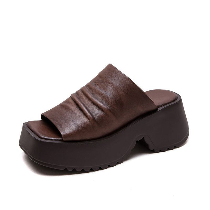 Women's Padded Platform Slides with Sculpted Profile Sole and Gathered Leather Upper Mune Fashion