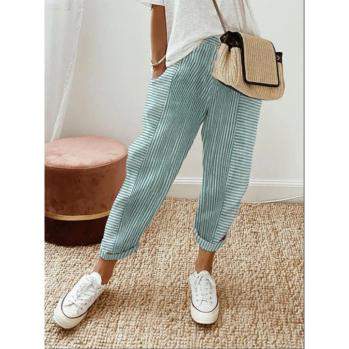 Women Casual Linen Look Pants with Stripes, Elastic Waistband and Cuff Finish Mune Fashion