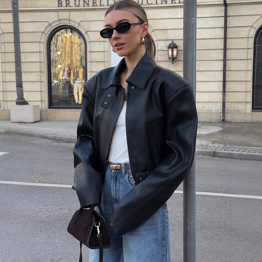 Women's Cropped Oversized Leather Jacket with Shirt Collar, Cropped Silhouette and Extra-Wide Sleeves Mune Fashion