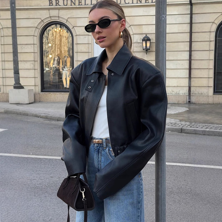 Women's Cropped Oversized Leather Jacket with Shirt Collar, Cropped Silhouette and Extra-Wide Sleeves Mune Fashion