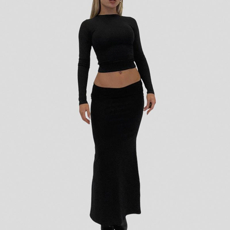 Women's Two-Piece Midriff Set made of Stretch Jersey with V-Neck Crop Top and Waist-Defining Maxi Skirt Mune Fashion