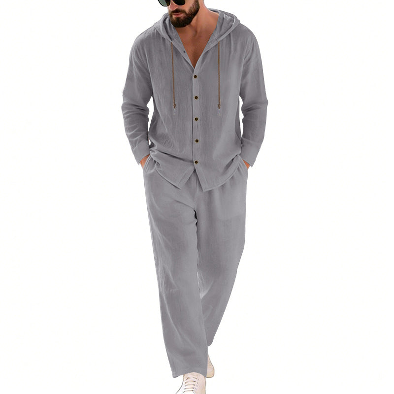 Men's two-piece lounge set with button hoodie shirt made of crepe jersey and straight drawstring pants Mune Fashion