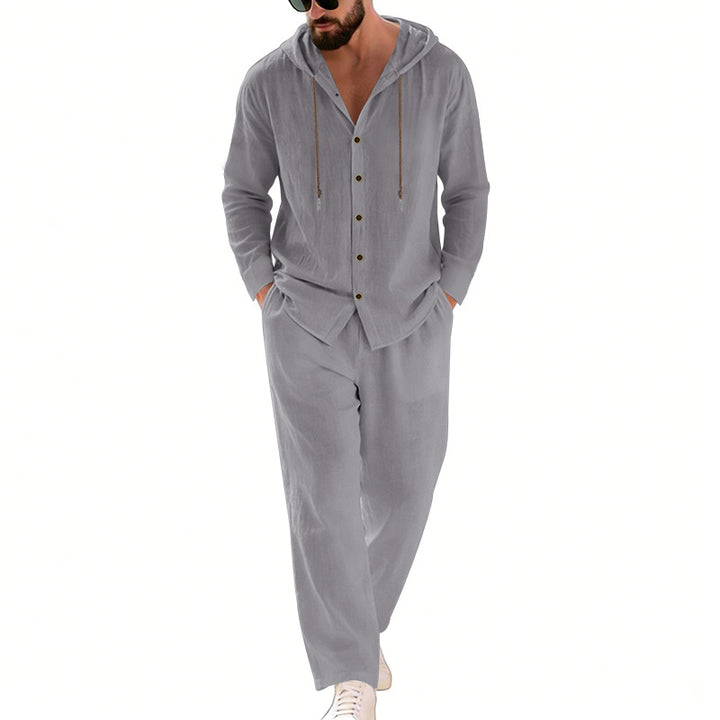 Men's two-piece lounge set with button hoodie shirt made of crepe jersey and straight drawstring pants Mune Fashion