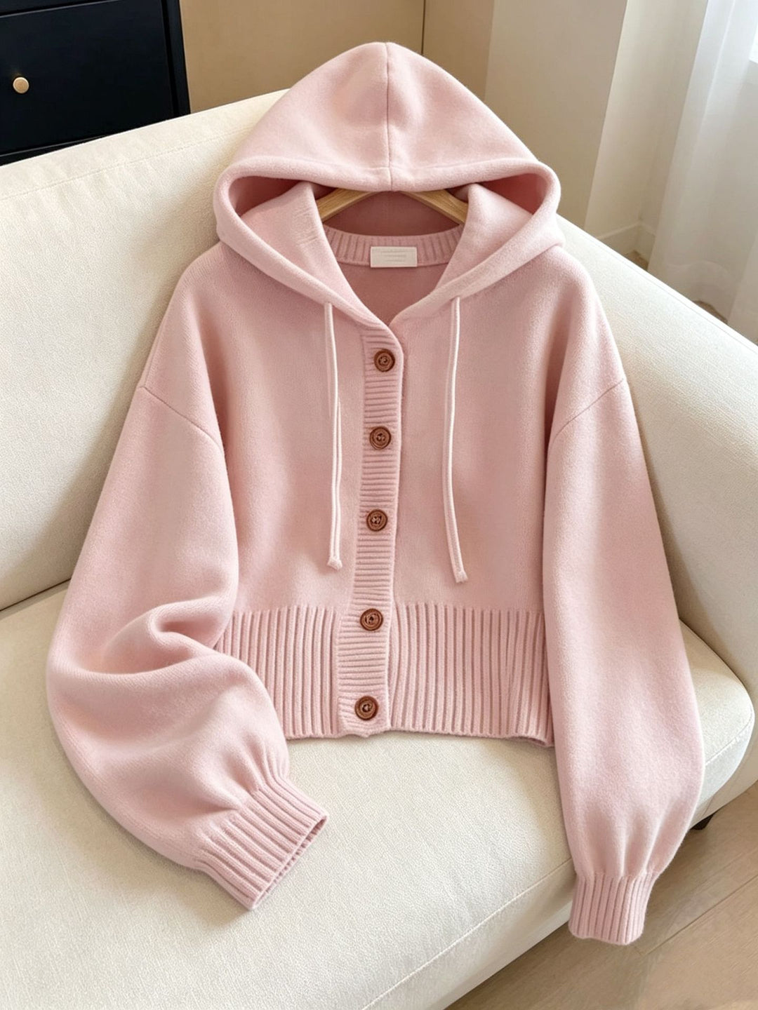 Women's Hooded Knitted Cardigan with Button Placket, Ribbed Cuff, and Oversized Sleeves Mune Fashion