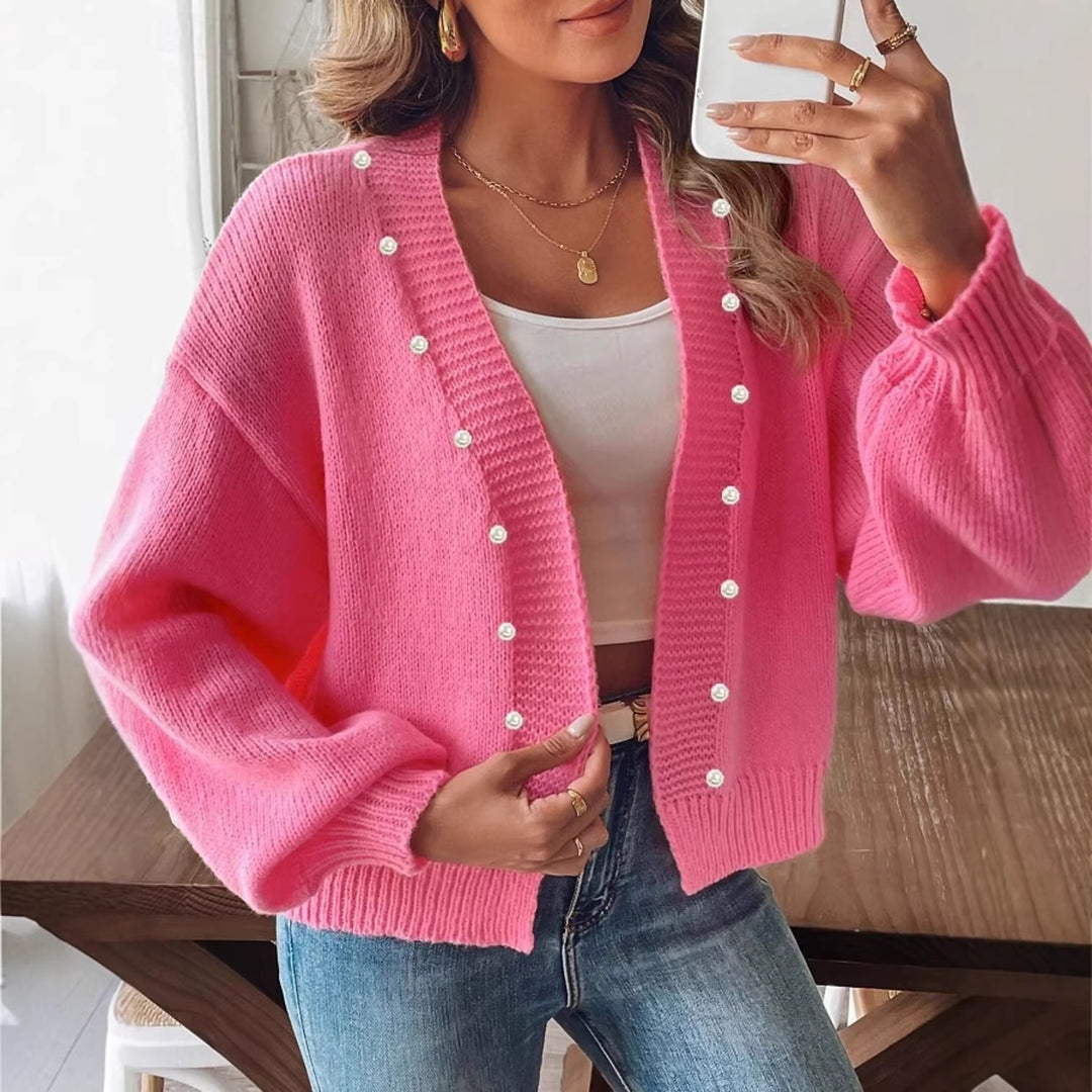 Women's chunky knit cardigan with pearl buttons and balloon sleeves Mune Fashion
