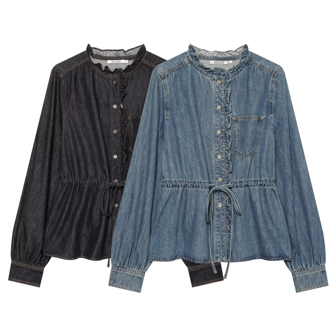 Women’s denim blouse with flounce button placket, drawstring waist and ruffle collar Drune