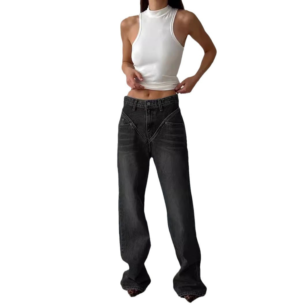 Women's high-waisted wide denim pants with V-shaped waistband seam and extra-long leg Mune Fashion