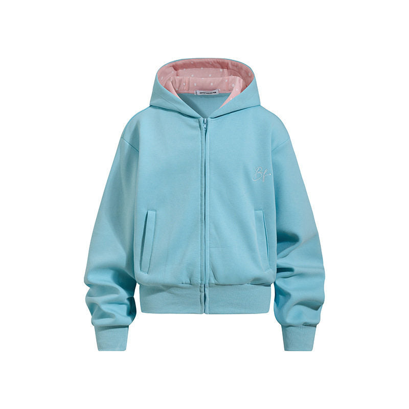 Women's Cropped Hoodie Sweat Jacket with Zipper, Lined Hood and Ribbed Cuffs Mune Fashion