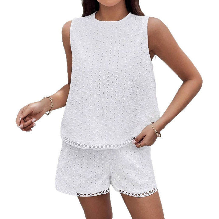 Women's sleeveless lace embroidery two-piece with high-neck top and elastic waist pants Mune Fashion