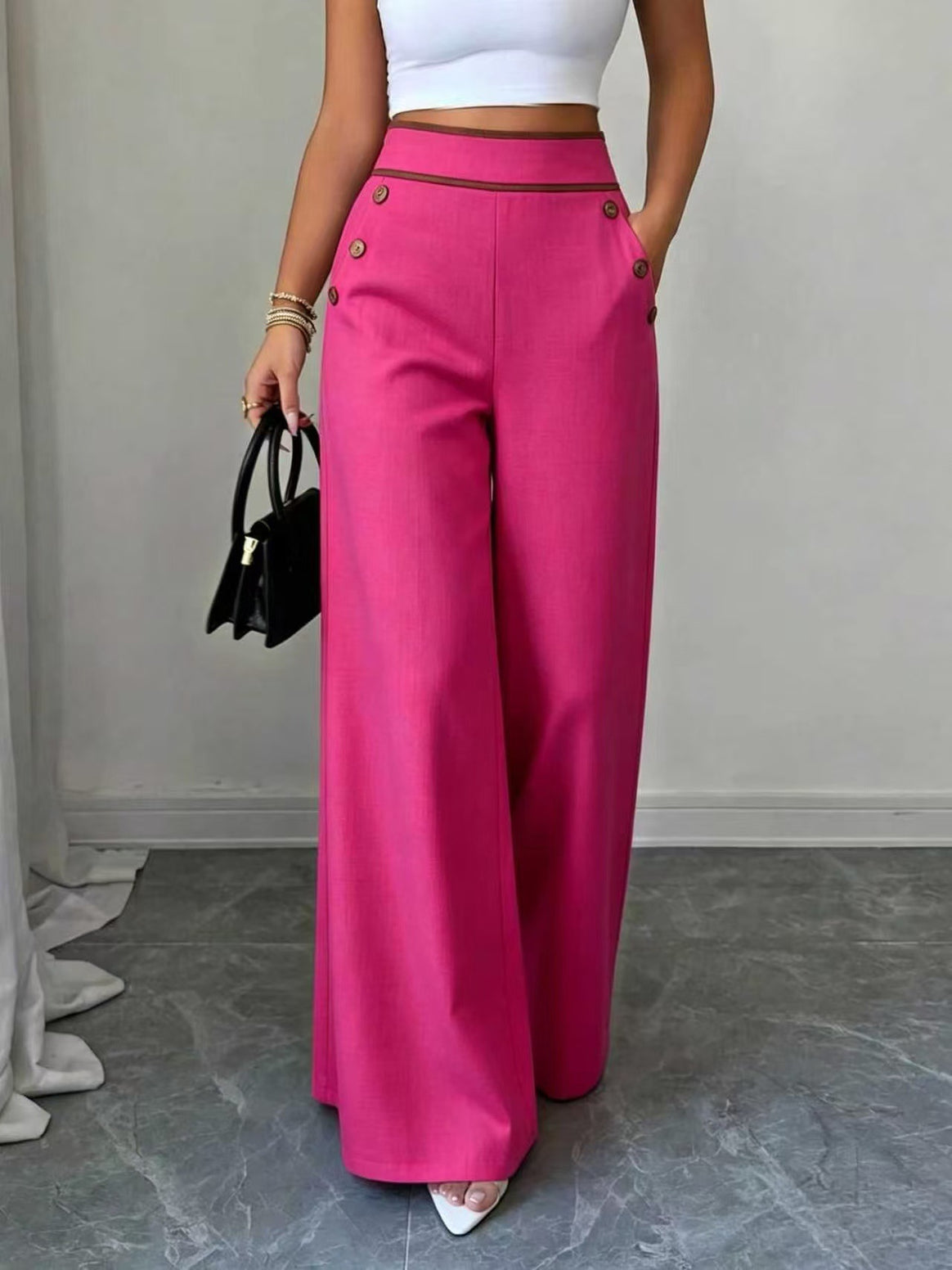 Women's High-Waisted Palazzo Pants with Decorative Buttons and Wide Legs Mune Fashion