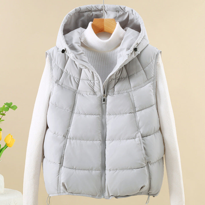 Women Slim Windproof Hooded Padded Vest with Adjustable Hem Mune Fashion