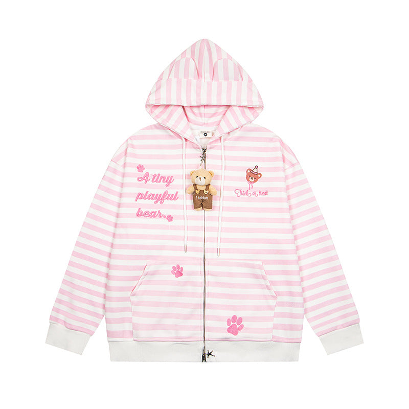 Women's Striped Hooded Sweat Jacket with Teddy Pendant, Ear Hood and Embroidery Detail Mune Fashion