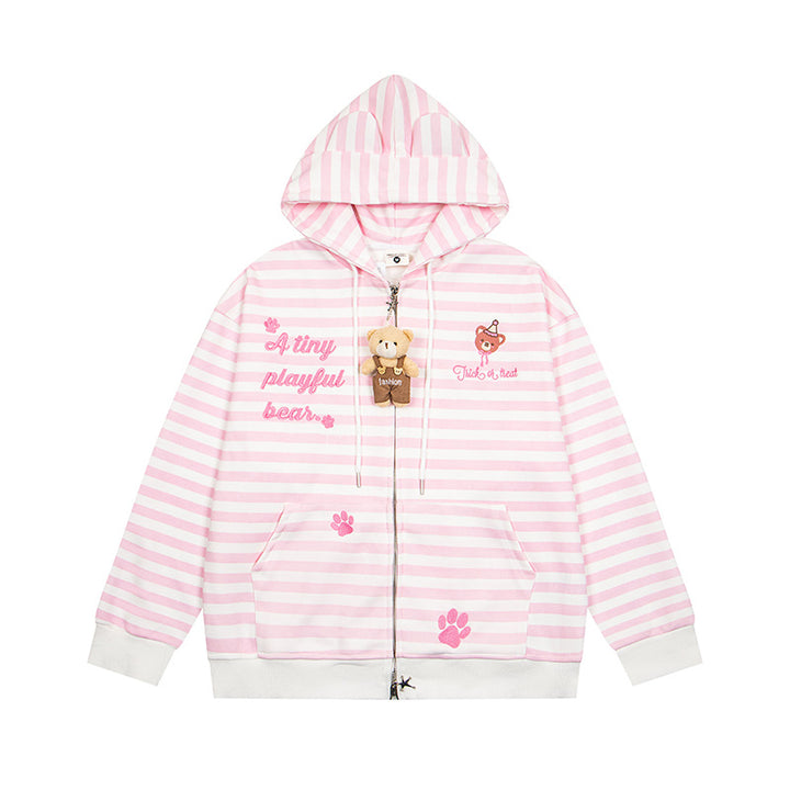 Women's Striped Hooded Sweat Jacket with Teddy Pendant, Ear Hood and Embroidery Detail Mune Fashion