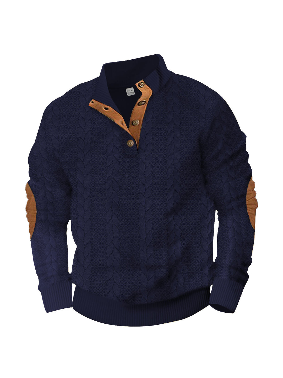 Men's casual cable knit pullover with reinforced button placket and suede elbow patches Mune Fashion