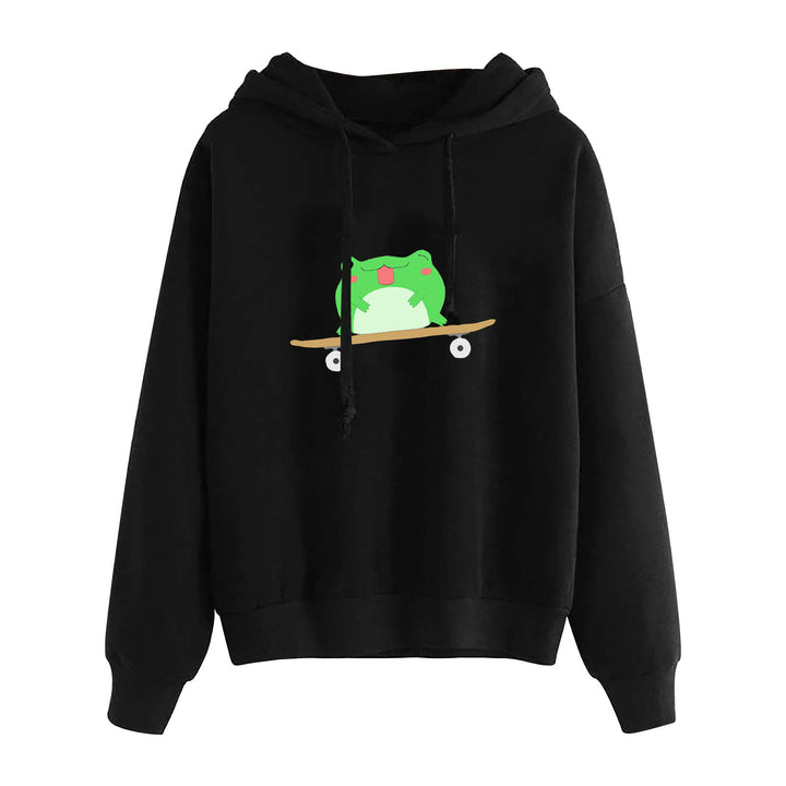 Women’s short-cut cropped hoodie with cute frog illustration and adjustable hood Mune Fashion
