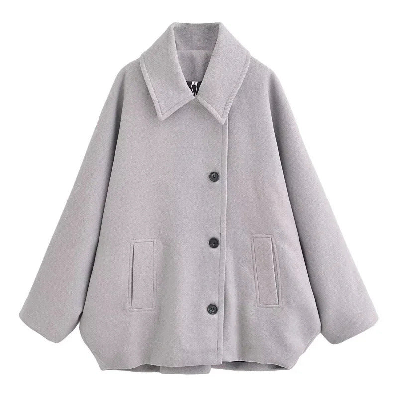 Women's 1200+ oversized wool blend short jacket with relaxed silhouette and concealed button placket Mune Fashion