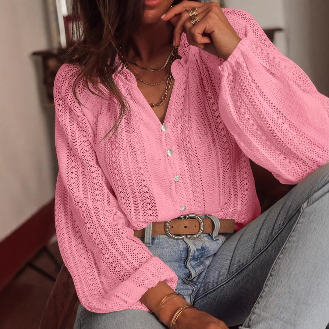 Ladies' crochet blouse with button placket and balloon sleeves Mune Fashion