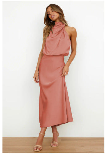 Women Flowing Maxi Dress with Elegant Stand Collar and Draping Mune Fashion