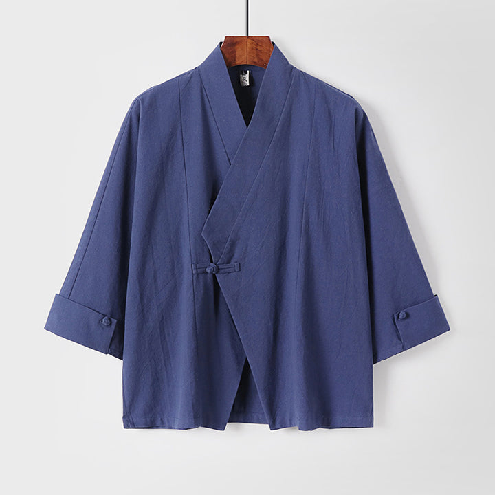 Men's Linen Kimono Jacket with Traditional Knot Closure and Medium-Length Sleeves Mune Fashion
