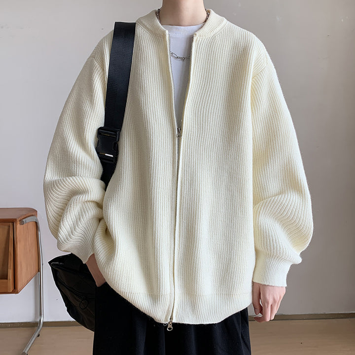 Unisex Oversize Ribbed Knit Cardigan with Two-Way Zipper and Minimal Stand Collar Mune Fashion