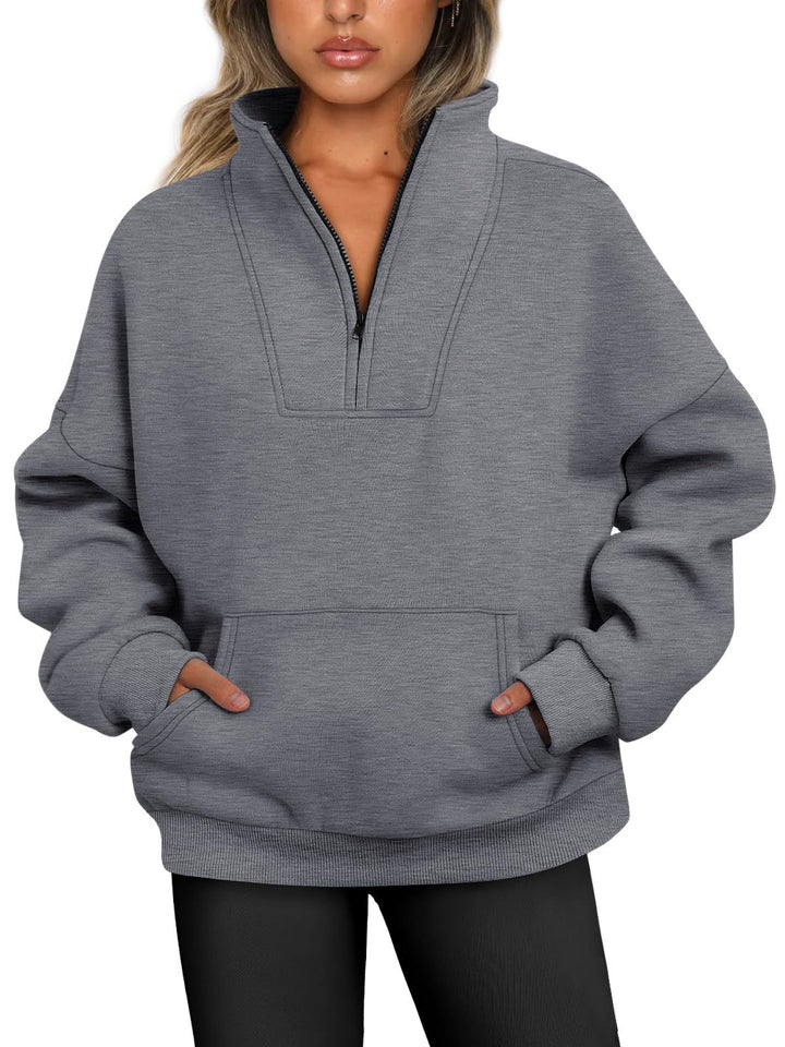 Women's oversized half-zip hoodie with high stand collar, kangaroo pocket, and ribbed cuffs Mune Fashion
