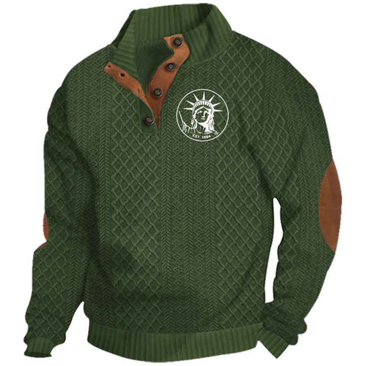 Men's nan Heritage textured pullover with stand-up collar faux leather trim elbow patches and half-button placket Mune Fashion