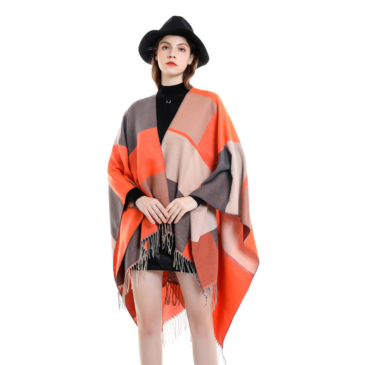 Ladies Lightweight Woven Ruana with Geometric Block Pattern and Fringe Hem Mune Fashion