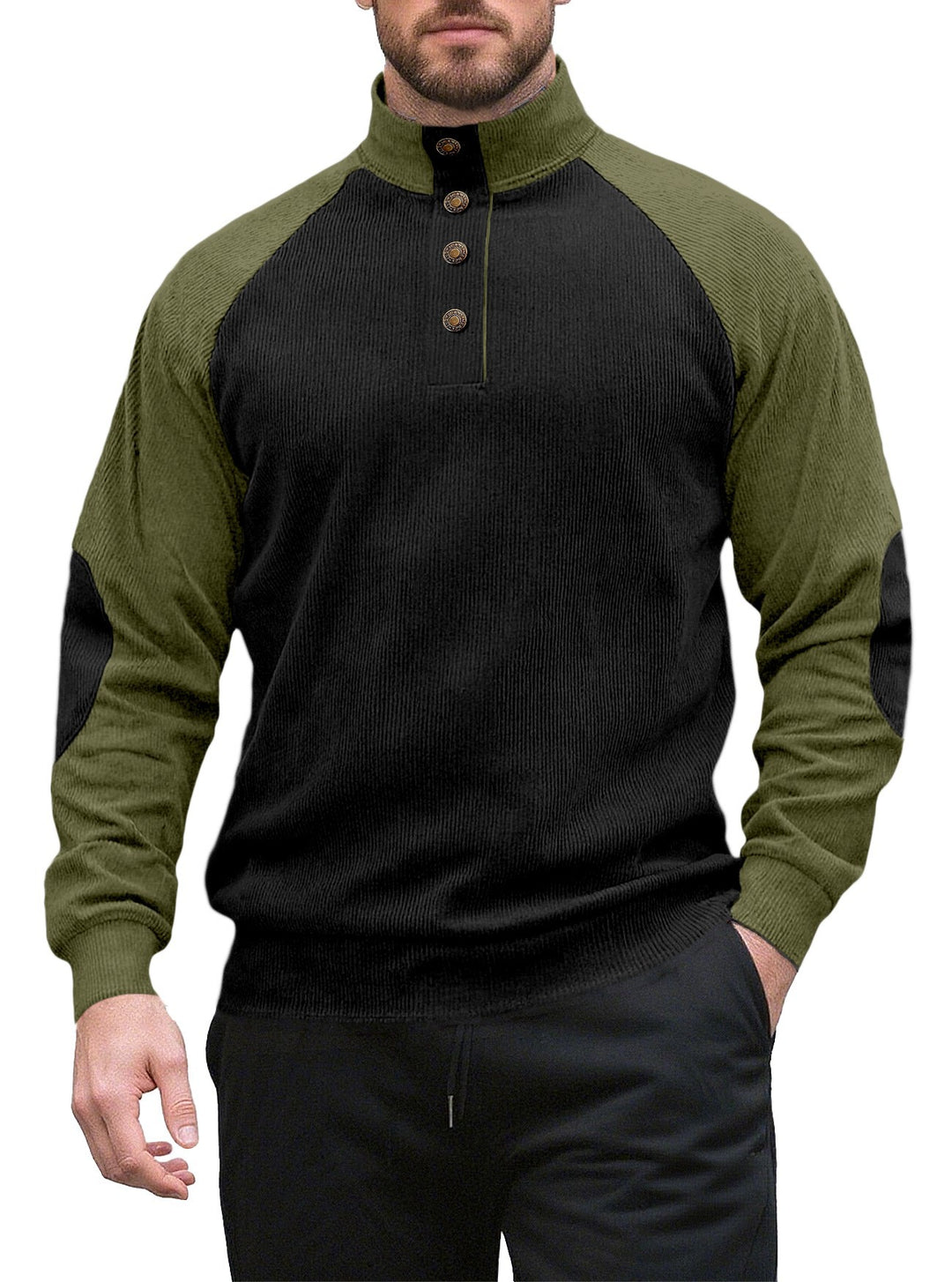 Men's two-tone ribbed troyer with asymmetrical button placket and velour elbow patches Mune Fashion