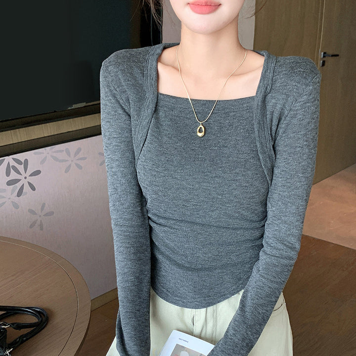 Ladies Elegant Long Sleeve Shirt with Square Neckline Mune Fashion