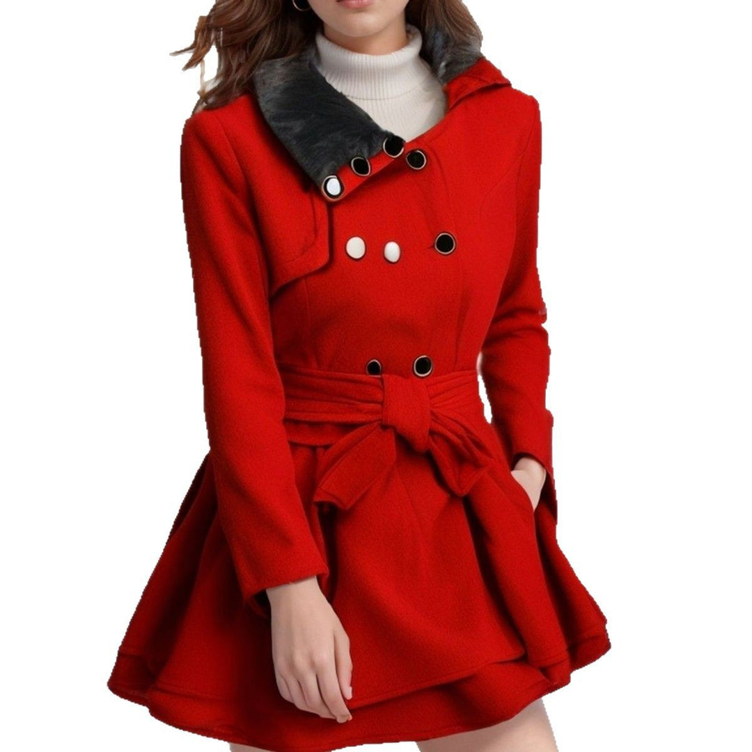 Women A-line wool blend coat with waist belt double-breasted and faux fur collar Mune Fashion