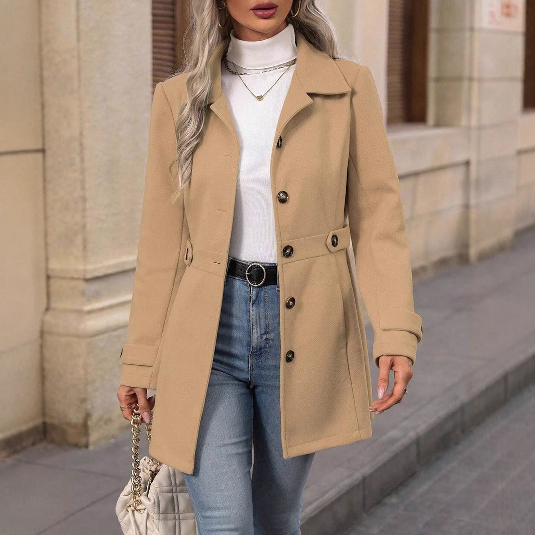 Women tailored button-up short coat with lapel collar and belt details Mune Fashion