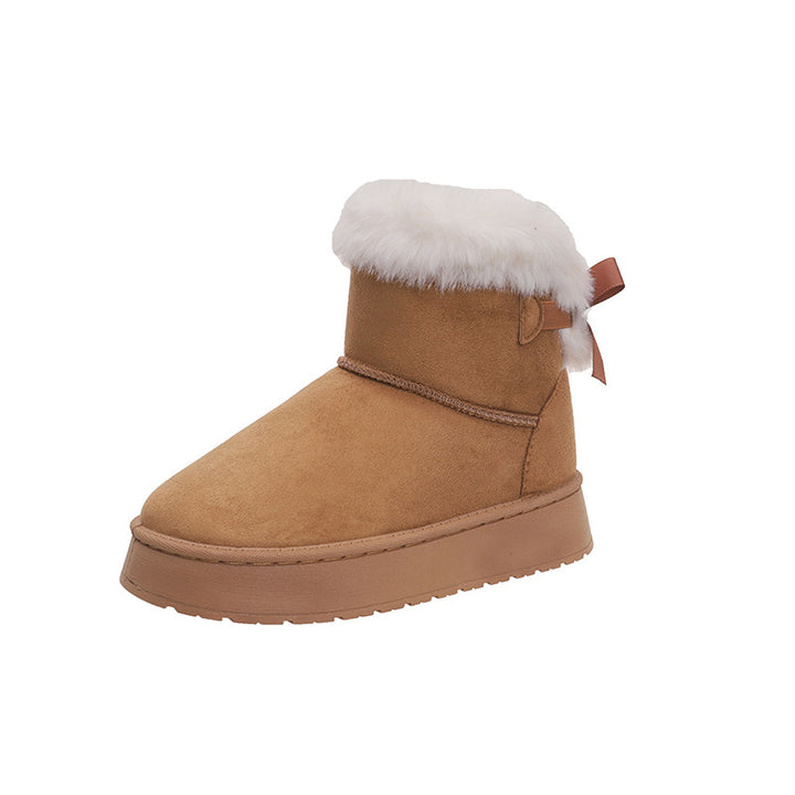 Women's Padded Short Boots with Faux Fur Cuff, Slip-Resistant Platform Sole and Bow Detail Mune Fashion