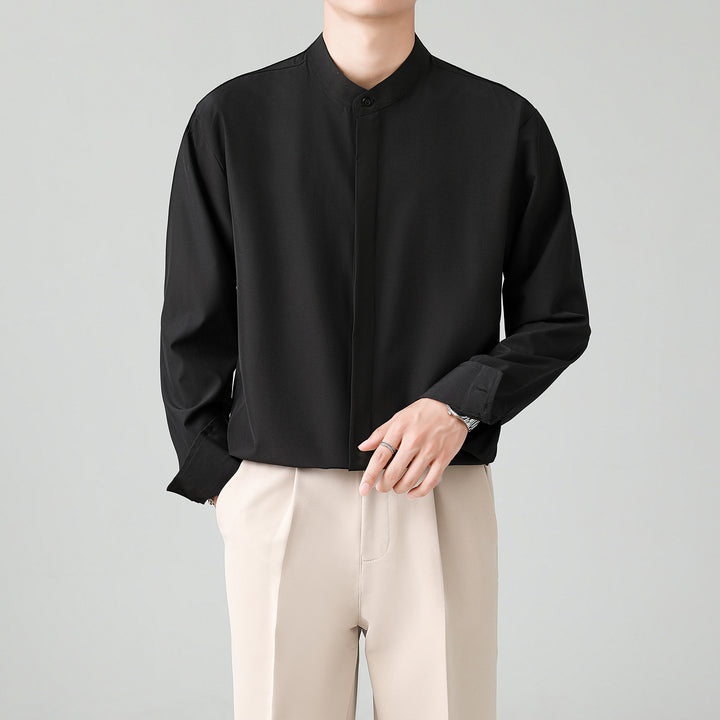 Men's Loose Stand Collar Shirt with Concealed Button Placket Mune Fashion