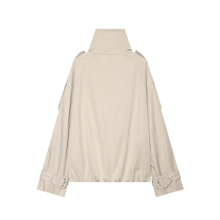 Women's Short Double-Breasted Cape Trench with High Funnel Neck and Sleeve Straps Mune Fashion