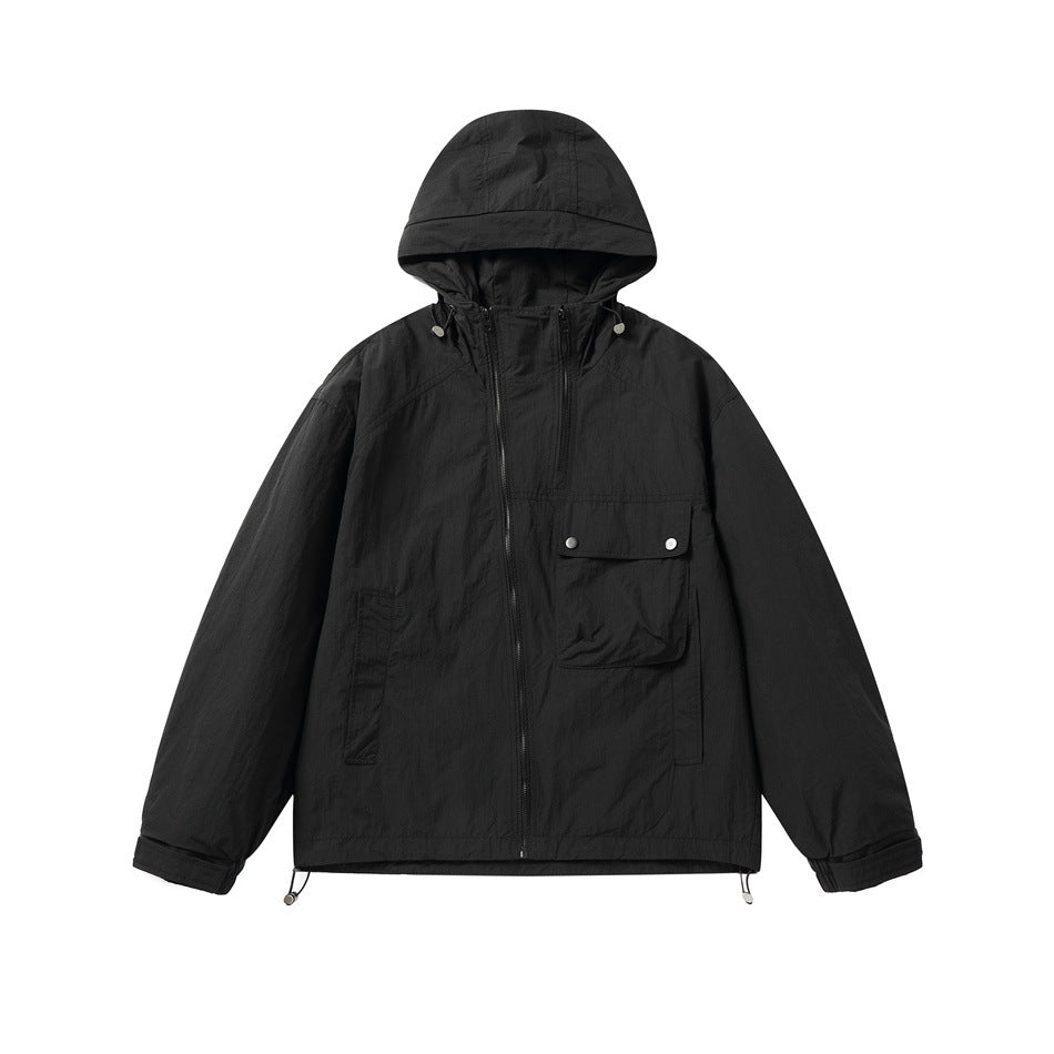 Unisex Lightweight Boxy Windbreaker with Hood, Utility Chest Pocket and Drawstring Mune Fashion